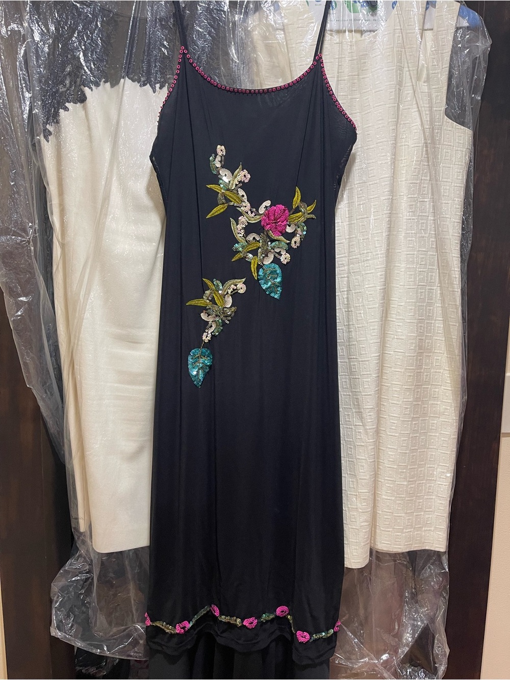 Black Maxi Slip Dress with Floral Embroidery
